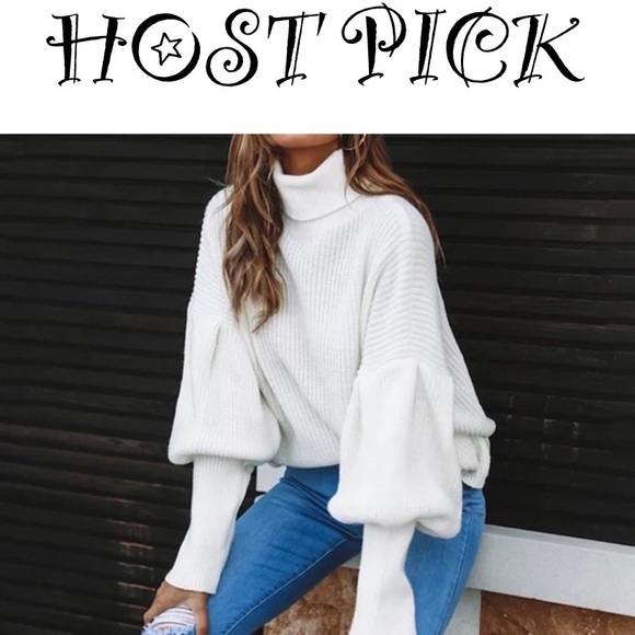 Chic White Knit Lantern Sleeve Turtleneck Sweater - Picture 5 of 5